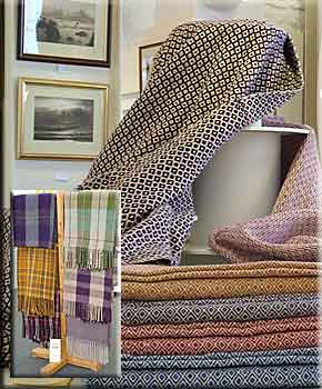 A typical selection of scarves and fabrics from Sioni Rhys Handweavers...